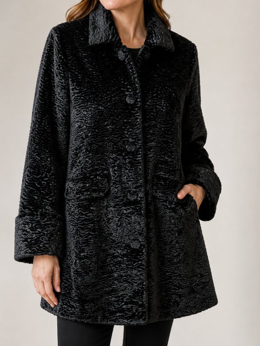 J JILL Black Faux Persian Lamb Fur Retro Style Mid-Length Coat